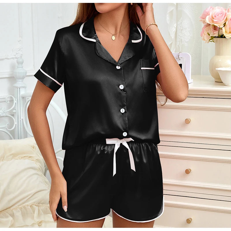 Women Silk Satin Pajamas Set Two-piece Pj Sets Sleepwear Loungewear Button-Down Pajama Women 2 Piece Pijama Homewear Shorts Set - Lena & Miles Exquisite Boutique LLC.