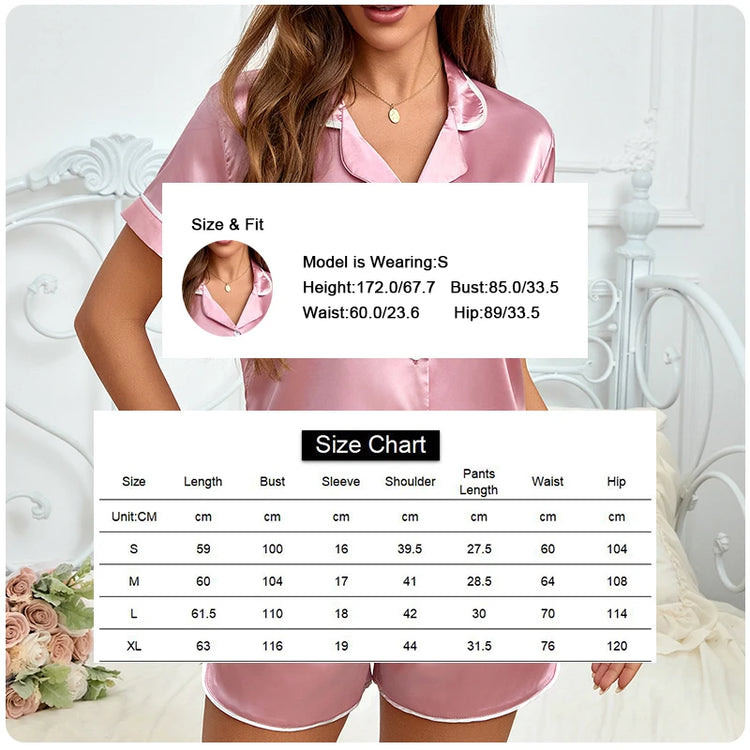 Women Silk Satin Pajamas Set Two-piece Pj Sets Sleepwear Loungewear Button-Down Pajama Women 2 Piece Pijama Homewear Shorts Set - Lena & Miles Exquisite Boutique LLC.