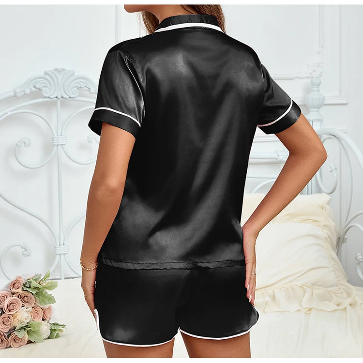 Women Silk Satin Pajamas Set Two-piece Pj Sets Sleepwear Loungewear Button-Down Pajama Women 2 Piece Pijama Homewear Shorts Set - Lena & Miles Exquisite Boutique LLC.