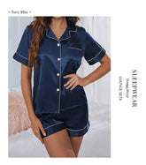 Women Silk Satin Pajamas Set Two-piece Pj Sets Sleepwear Loungewear Button-Down Pajama Women 2 Piece Pijama Homewear Shorts Set - Lena & Miles Exquisite Boutique LLC.