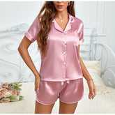 Women Silk Satin Pajamas Set Two-piece Pj Sets Sleepwear Loungewear Button-Down Pajama Women 2 Piece Pijama Homewear Shorts Set - Lena & Miles Exquisite Boutique LLC.