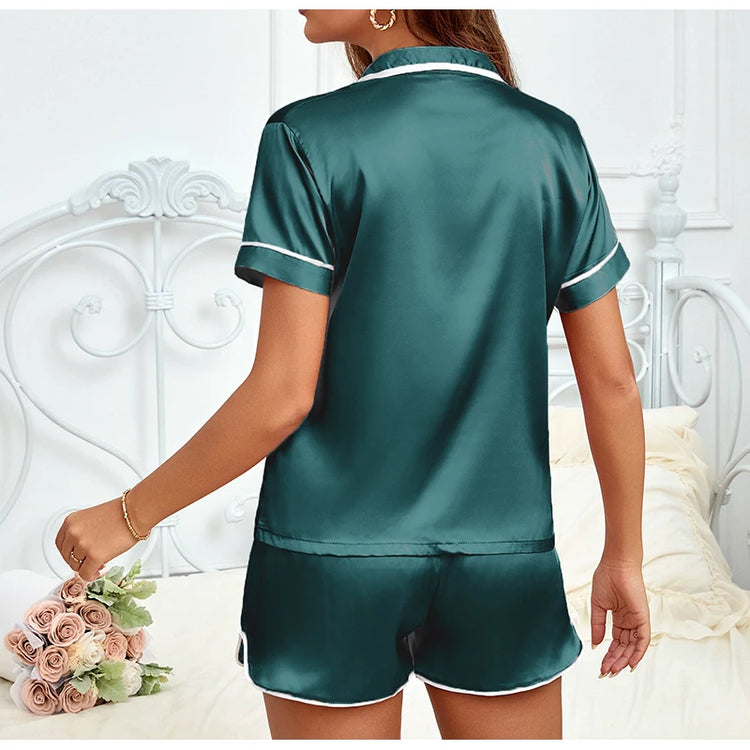 Women Silk Satin Pajamas Set Two-piece Pj Sets Sleepwear Loungewear Button-Down Pajama Women 2 Piece Pijama Homewear Shorts Set - Lena & Miles Exquisite Boutique LLC.