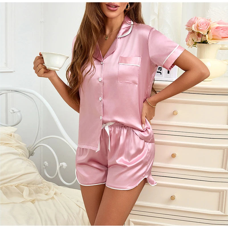 Women Silk Satin Pajamas Set Two-piece Pj Sets Sleepwear Loungewear Button-Down Pajama Women 2 Piece Pijama Homewear Shorts Set - Lena & Miles Exquisite Boutique LLC.