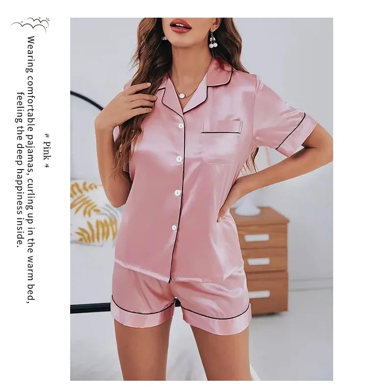 Women Silk Satin Pajamas Set Two-piece Pj Sets Sleepwear Loungewear Button-Down Pajama Women 2 Piece Pijama Homewear Shorts Set - Lena & Miles Exquisite Boutique LLC.