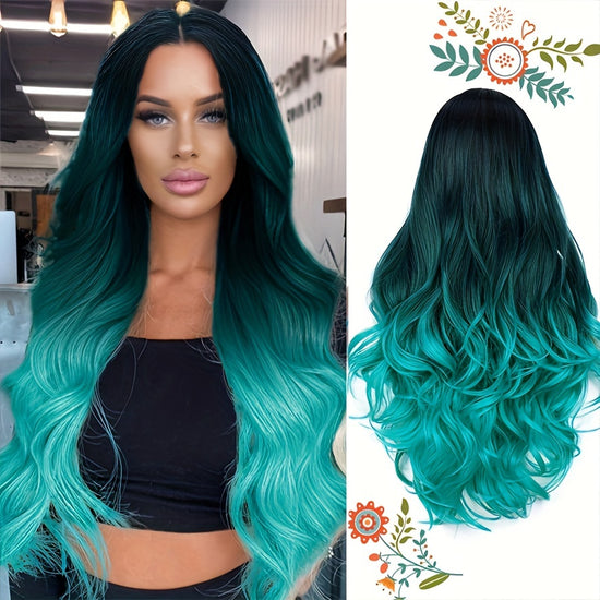 Long Wavy Wig Ombre Bluish Green Wigs Long Curly Ombre Color Hair Wigs Middle Part Synthetic Mermaid Green Wigs For Women Daily Party Cosplay - Lena & Miles Exquisite Boutique LLC.