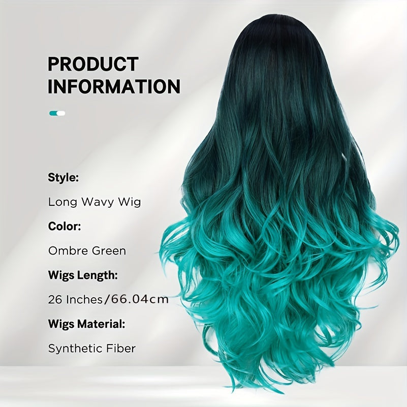 Long Wavy Wig Ombre Bluish Green Wigs Long Curly Ombre Color Hair Wigs Middle Part Synthetic Mermaid Green Wigs For Women Daily Party Cosplay - Lena & Miles Exquisite Boutique LLC.
