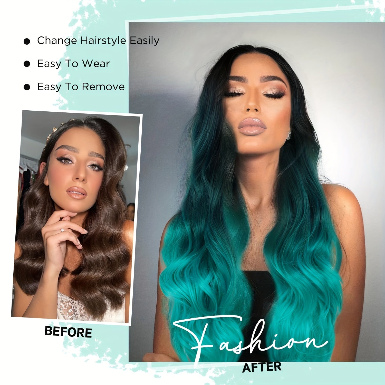 Long Wavy Wig Ombre Bluish Green Wigs Long Curly Ombre Color Hair Wigs Middle Part Synthetic Mermaid Green Wigs For Women Daily Party Cosplay - Lena & Miles Exquisite Boutique LLC.