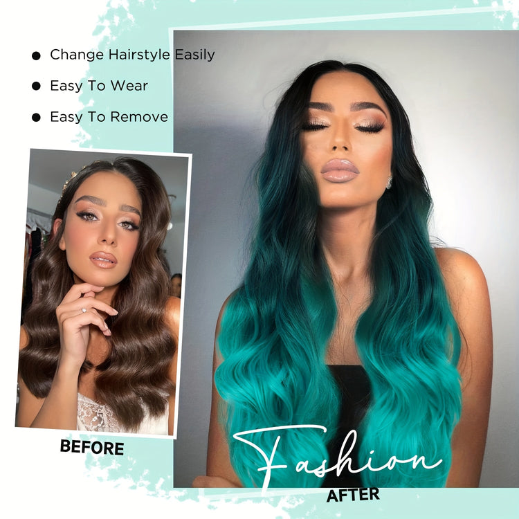 Long Wavy Wig Ombre Bluish Green Wigs Long Curly Ombre Color Hair Wigs Middle Part Synthetic Mermaid Green Wigs For Women Daily Party Cosplay - Lena & Miles Exquisite Boutique LLC.