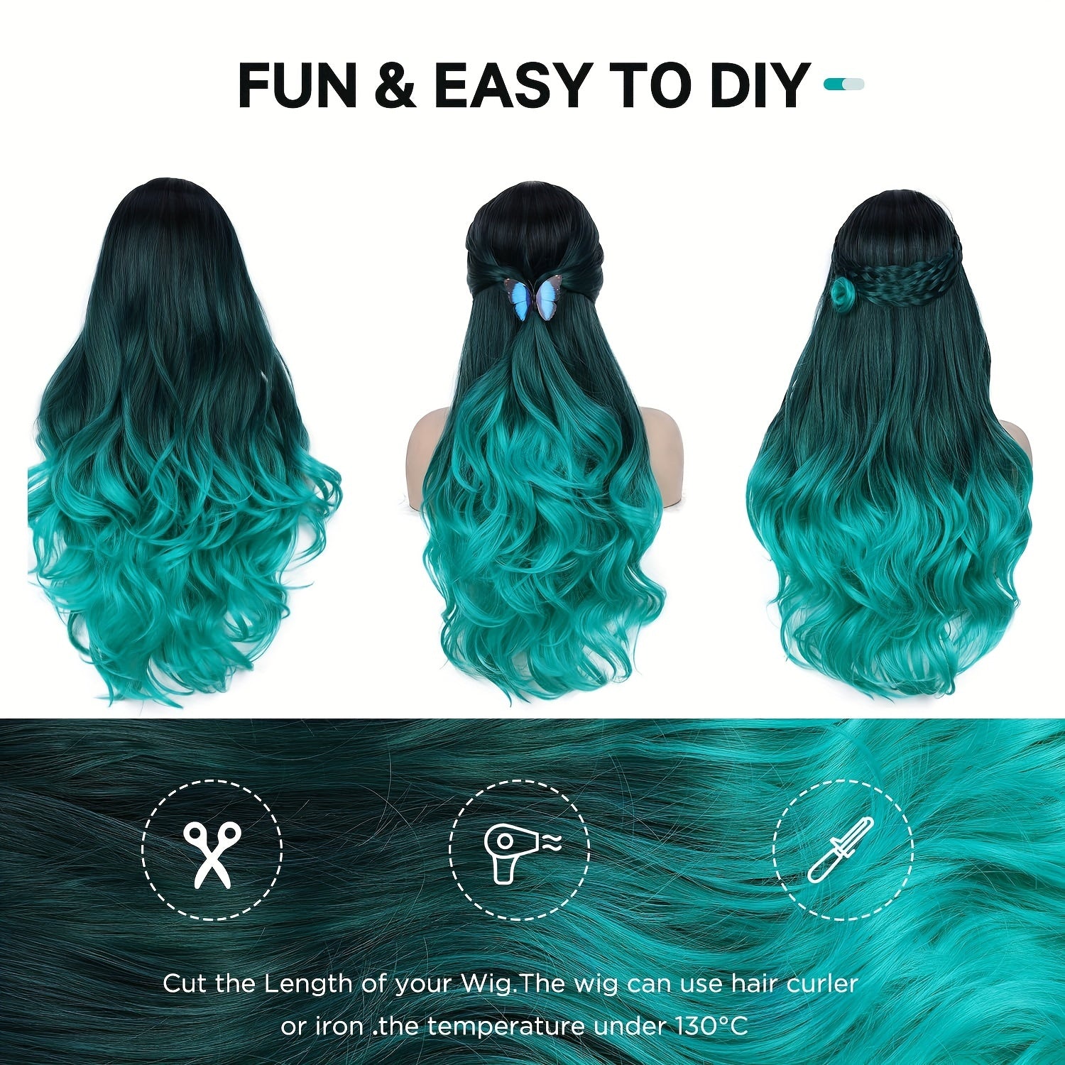 Long Wavy Wig Ombre Bluish Green Wigs Long Curly Ombre Color Hair Wigs Middle Part Synthetic Mermaid Green Wigs For Women Daily Party Cosplay - Lena & Miles Exquisite Boutique LLC.