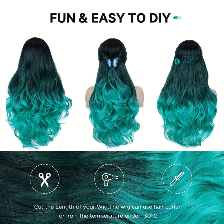 Long Wavy Wig Ombre Bluish Green Wigs Long Curly Ombre Color Hair Wigs Middle Part Synthetic Mermaid Green Wigs For Women Daily Party Cosplay - Lena & Miles Exquisite Boutique LLC.