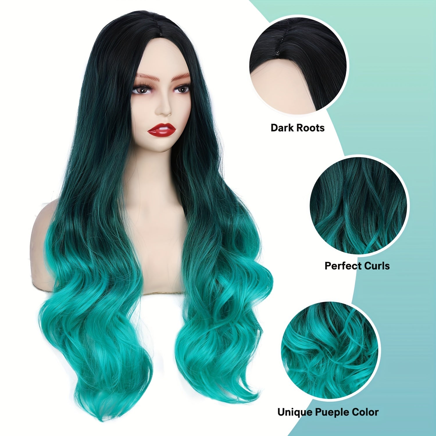 Long Wavy Wig Ombre Bluish Green Wigs Long Curly Ombre Color Hair Wigs Middle Part Synthetic Mermaid Green Wigs For Women Daily Party Cosplay - Lena & Miles Exquisite Boutique LLC.