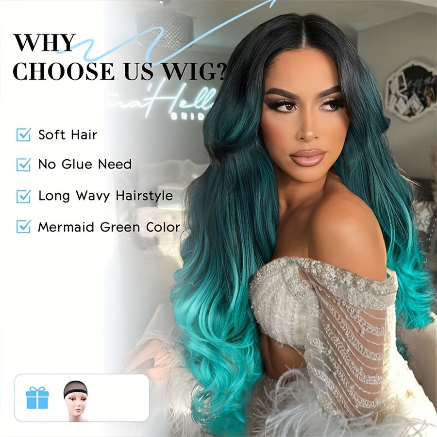 Long Wavy Wig Ombre Bluish Green Wigs Long Curly Ombre Color Hair Wigs Middle Part Synthetic Mermaid Green Wigs For Women Daily Party Cosplay - Lena & Miles Exquisite Boutique LLC.