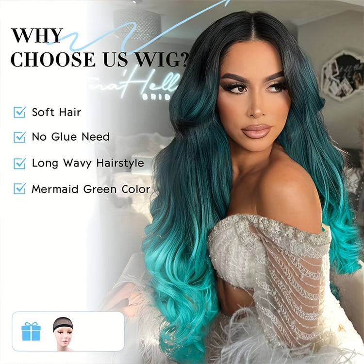 Long Wavy Wig Ombre Bluish Green Wigs Long Curly Ombre Color Hair Wigs Middle Part Synthetic Mermaid Green Wigs For Women Daily Party Cosplay - Lena & Miles Exquisite Boutique LLC.