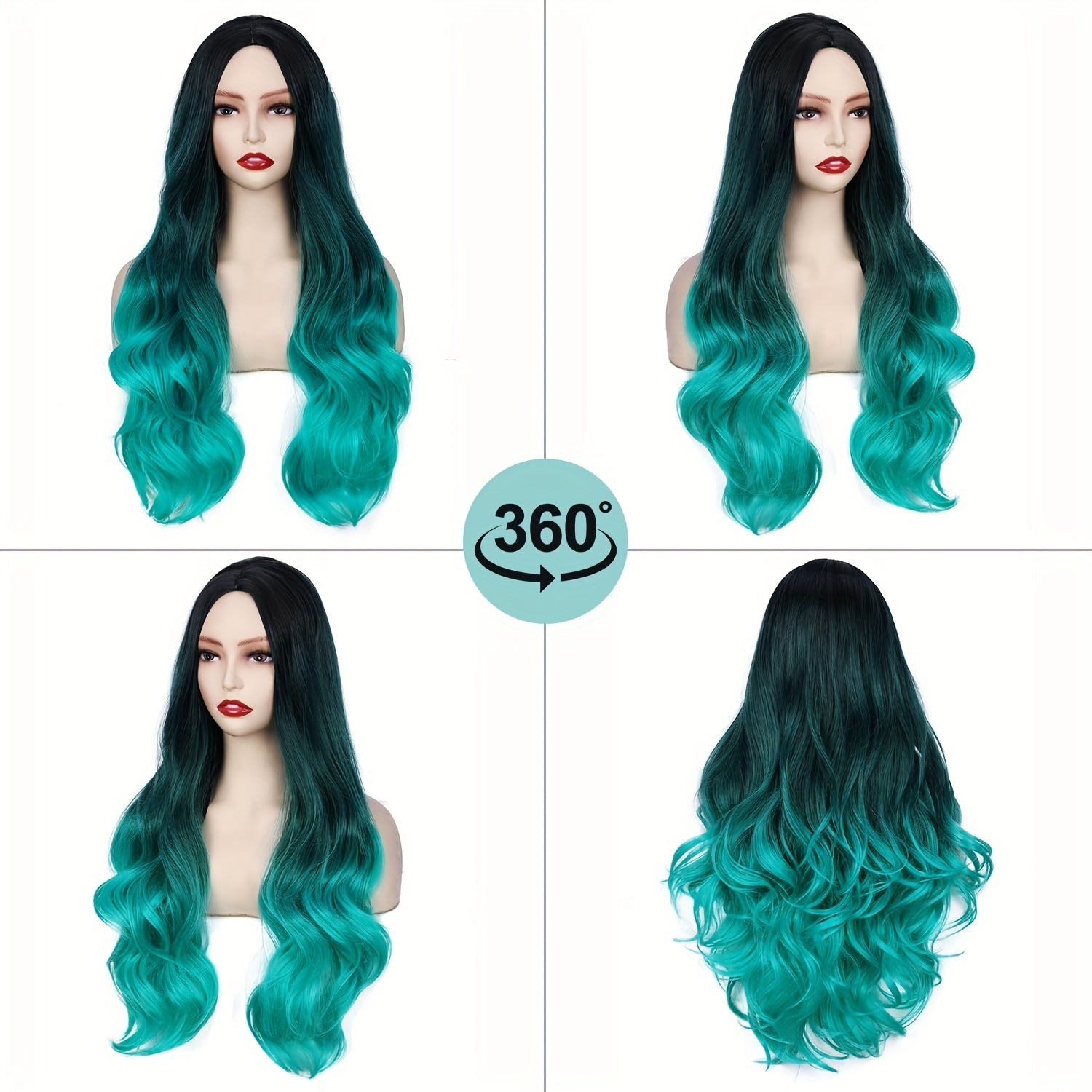 Long Wavy Wig Ombre Bluish Green Wigs Long Curly Ombre Color Hair Wigs Middle Part Synthetic Mermaid Green Wigs For Women Daily Party Cosplay - Lena & Miles Exquisite Boutique LLC.