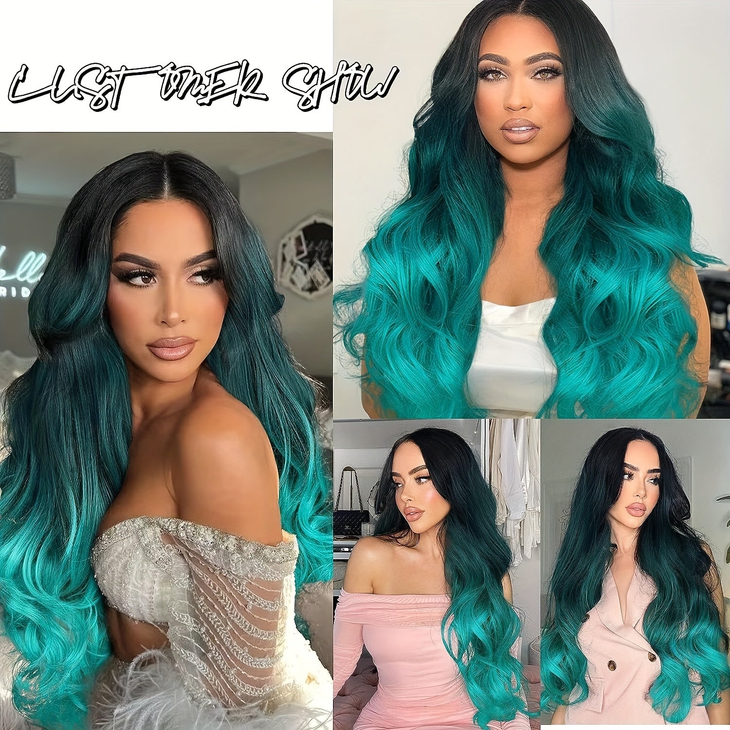 Long Wavy Wig Ombre Bluish Green Wigs Long Curly Ombre Color Hair Wigs Middle Part Synthetic Mermaid Green Wigs For Women Daily Party Cosplay - Lena & Miles Exquisite Boutique LLC.