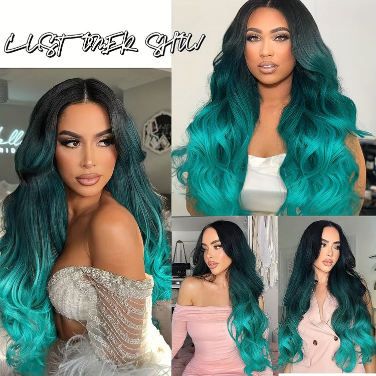 Long Wavy Wig Ombre Bluish Green Wigs Long Curly Ombre Color Hair Wigs Middle Part Synthetic Mermaid Green Wigs For Women Daily Party Cosplay - Lena & Miles Exquisite Boutique LLC.