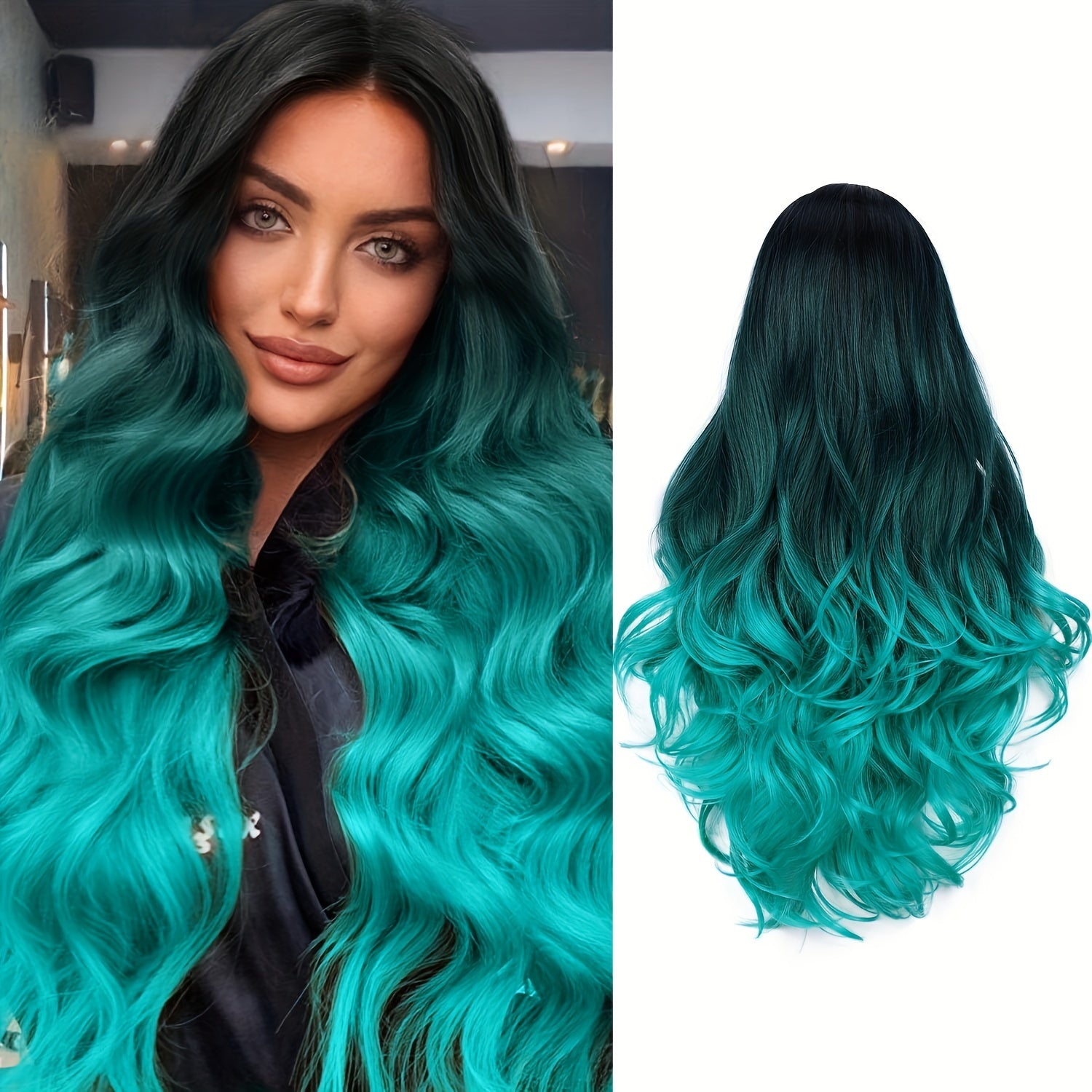 Long Wavy Wig Ombre Bluish Green Wigs Long Curly Ombre Color Hair Wigs Middle Part Synthetic Mermaid Green Wigs For Women Daily Party Cosplay - Lena & Miles Exquisite Boutique LLC.