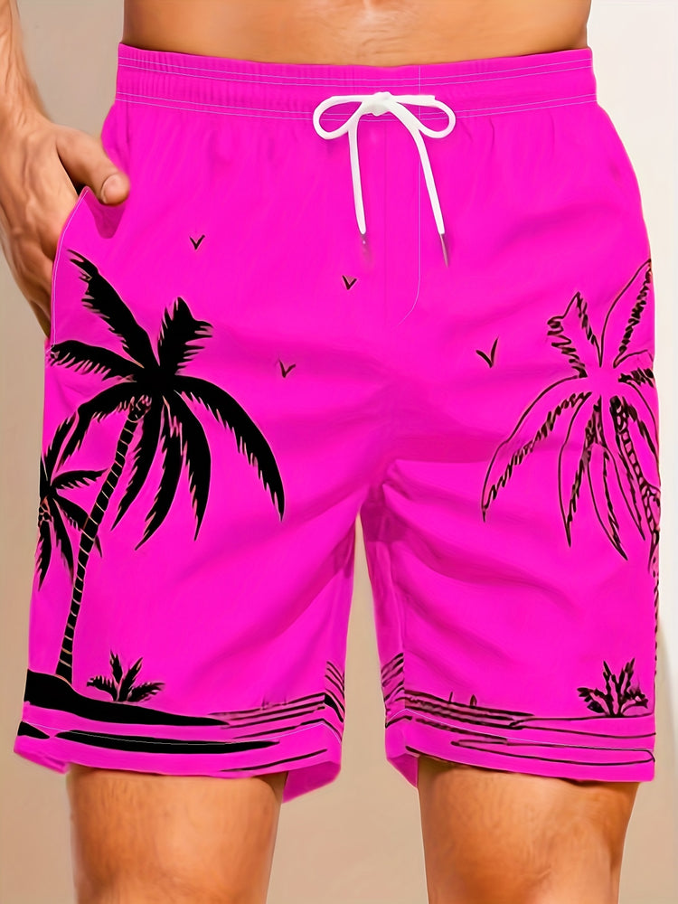 Quick Drying Mesh Lining Comfortable Breathable Palm Tree Pattern Drawstring Swim Trunks With 2 Pockets, Men&