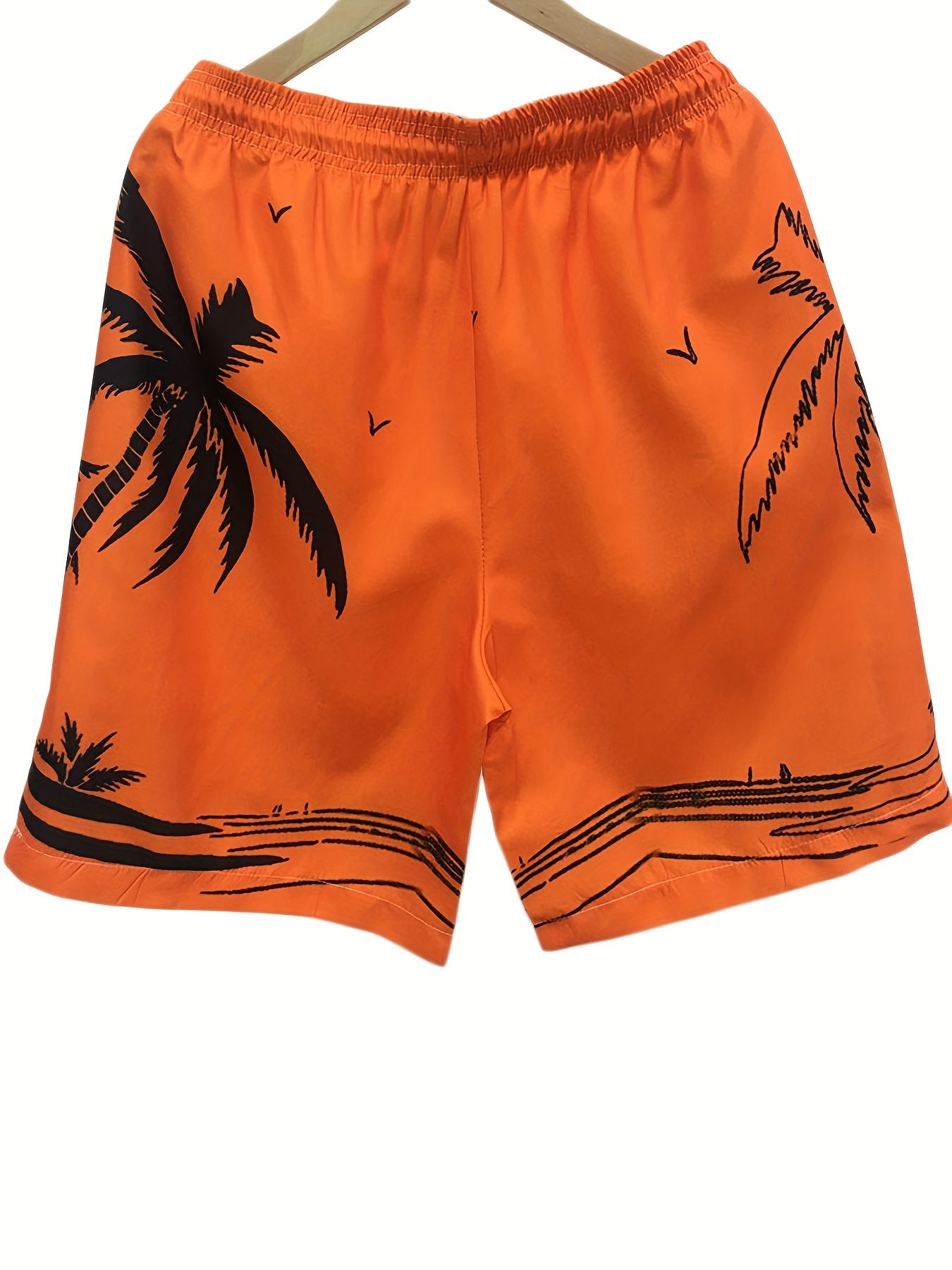 Quick Drying Mesh Lining Comfortable Breathable Palm Tree Pattern Drawstring Swim Trunks With 2 Pockets, Men&