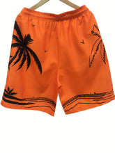 Quick Drying Mesh Lining Comfortable Breathable Palm Tree Pattern Drawstring Swim Trunks With 2 Pockets, Men&