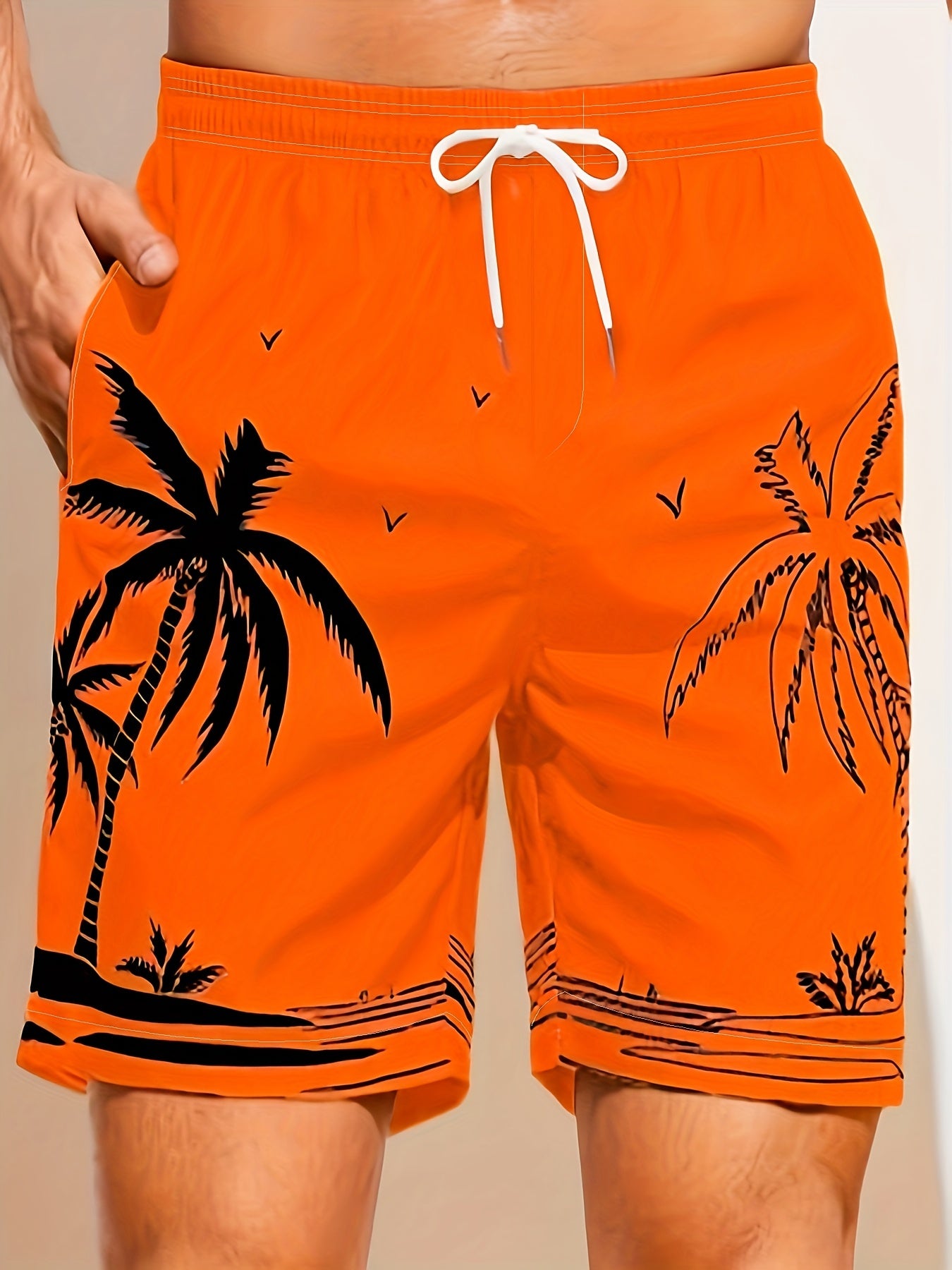 Quick Drying Mesh Lining Comfortable Breathable Palm Tree Pattern Drawstring Swim Trunks With 2 Pockets, Men&
