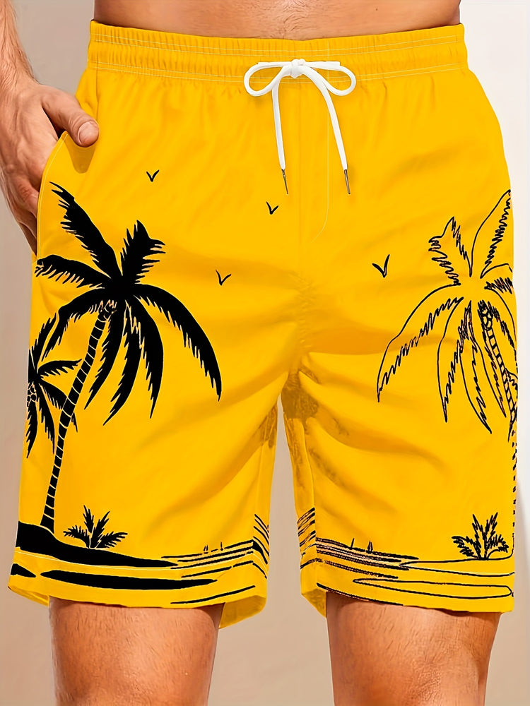 Quick Drying Mesh Lining Comfortable Breathable Palm Tree Pattern Drawstring Swim Trunks With 2 Pockets, Men&