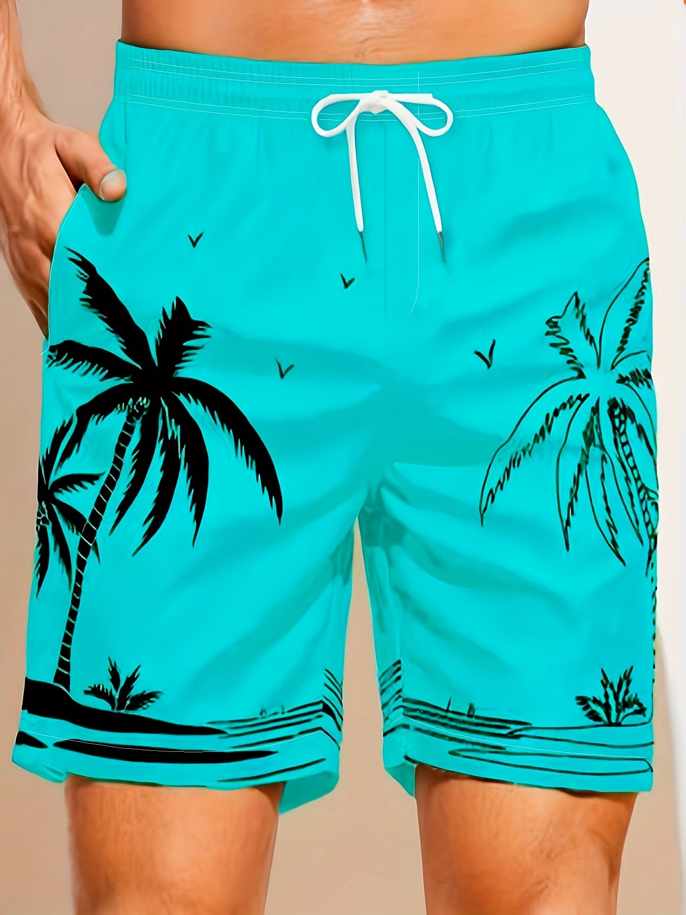Quick Drying Mesh Lining Comfortable Breathable Palm Tree Pattern Drawstring Swim Trunks With 2 Pockets, Men&