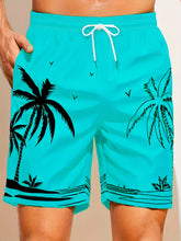 Quick Drying Mesh Lining Comfortable Breathable Palm Tree Pattern Drawstring Swim Trunks With 2 Pockets, Men&