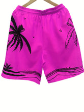 Quick Drying Mesh Lining Comfortable Breathable Palm Tree Pattern Drawstring Swim Trunks With 2 Pockets, Men&