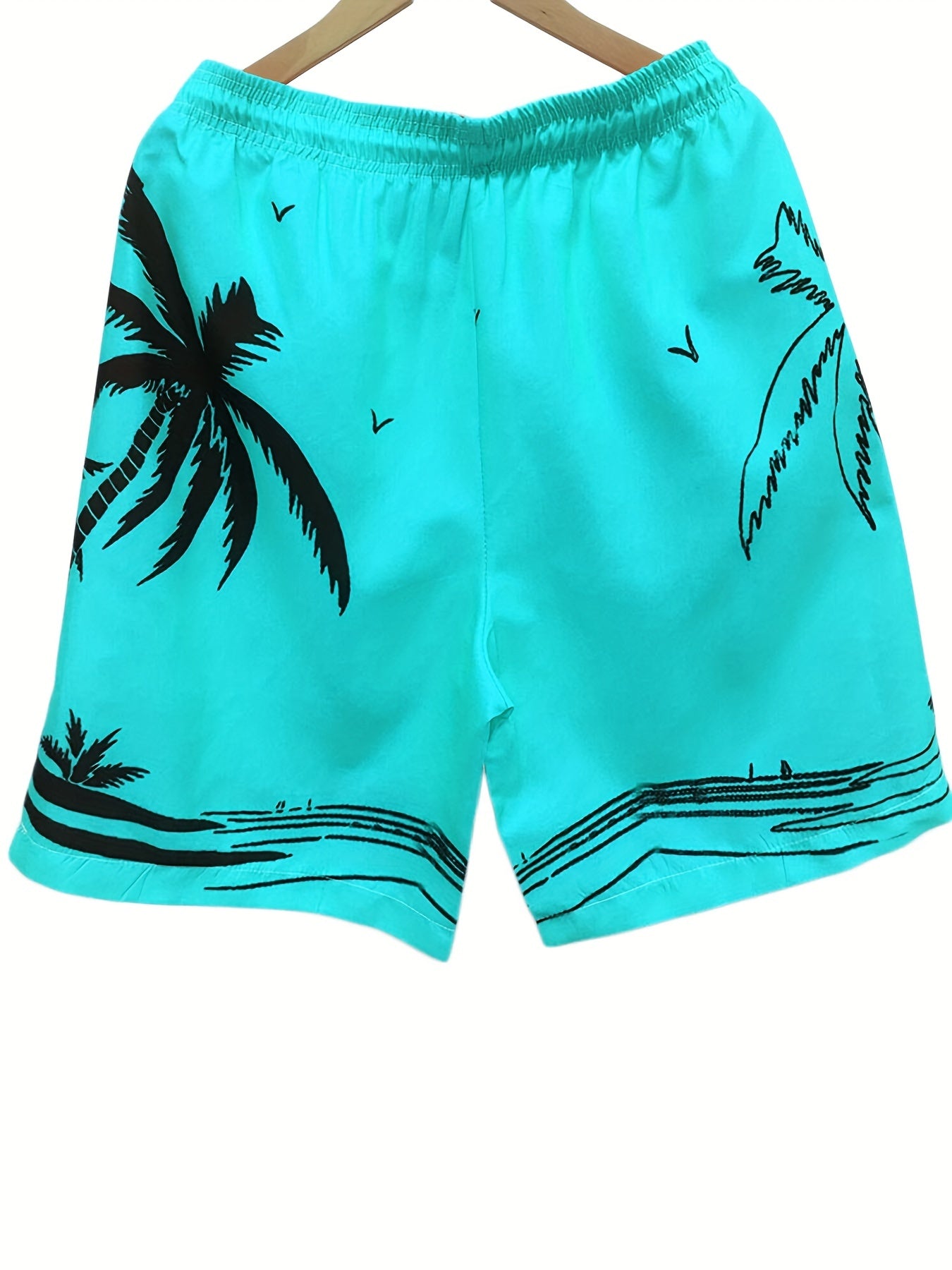 Quick Drying Mesh Lining Comfortable Breathable Palm Tree Pattern Drawstring Swim Trunks With 2 Pockets, Men&