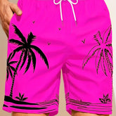 Quick Drying Mesh Lining Comfortable Breathable Palm Tree Pattern Drawstring Swim Trunks With 2 Pockets, Men&