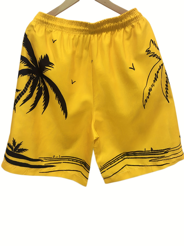 Quick Drying Mesh Lining Comfortable Breathable Palm Tree Pattern Drawstring Swim Trunks With 2 Pockets, Men&