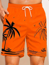 Quick Drying Mesh Lining Comfortable Breathable Palm Tree Pattern Drawstring Swim Trunks With 2 Pockets, Men&