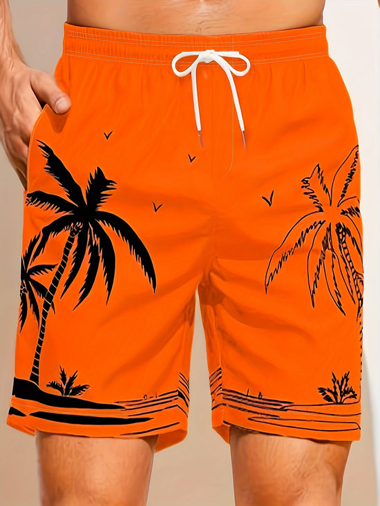 Quick Drying Mesh Lining Comfortable Breathable Palm Tree Pattern Drawstring Swim Trunks With 2 Pockets, Men&