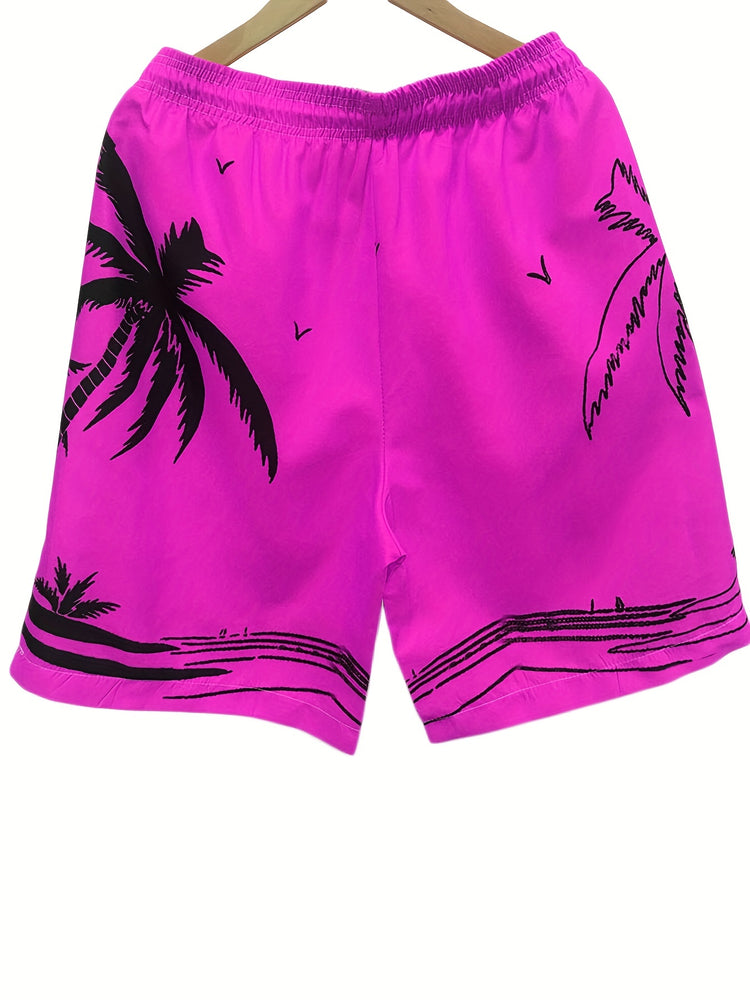 Quick Drying Mesh Lining Comfortable Breathable Palm Tree Pattern Drawstring Swim Trunks With 2 Pockets, Men&