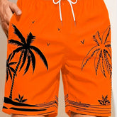 Quick Drying Mesh Lining Comfortable Breathable Palm Tree Pattern Drawstring Swim Trunks With 2 Pockets, Men&
