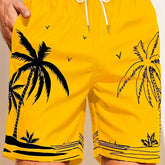 Quick Drying Mesh Lining Comfortable Breathable Palm Tree Pattern Drawstring Swim Trunks With 2 Pockets, Men&