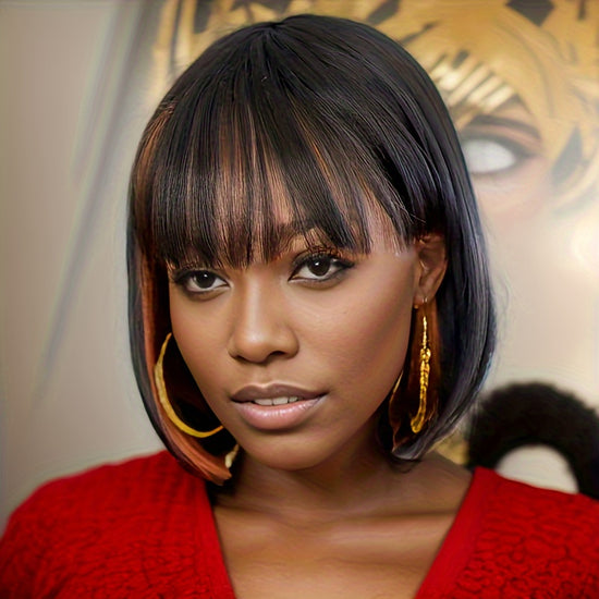Short Bob Wigs With Bangs - 10 Inch Black Mix Brown Straight Hair Daily Costume Wig For Women, Soft Light Synthetic Hair Replacement Wigs Heat Resistant - Lena & Miles Exquisite Boutique LLC.