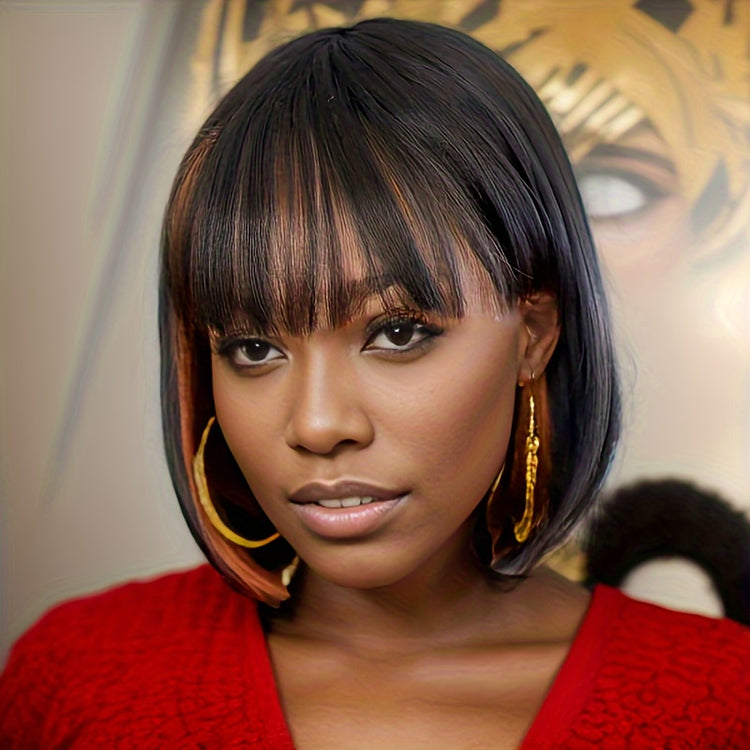 Short Bob Wigs With Bangs - 10 Inch Black Mix Brown Straight Hair Daily Costume Wig For Women, Soft Light Synthetic Hair Replacement Wigs Heat Resistant - Lena & Miles Exquisite Boutique LLC.