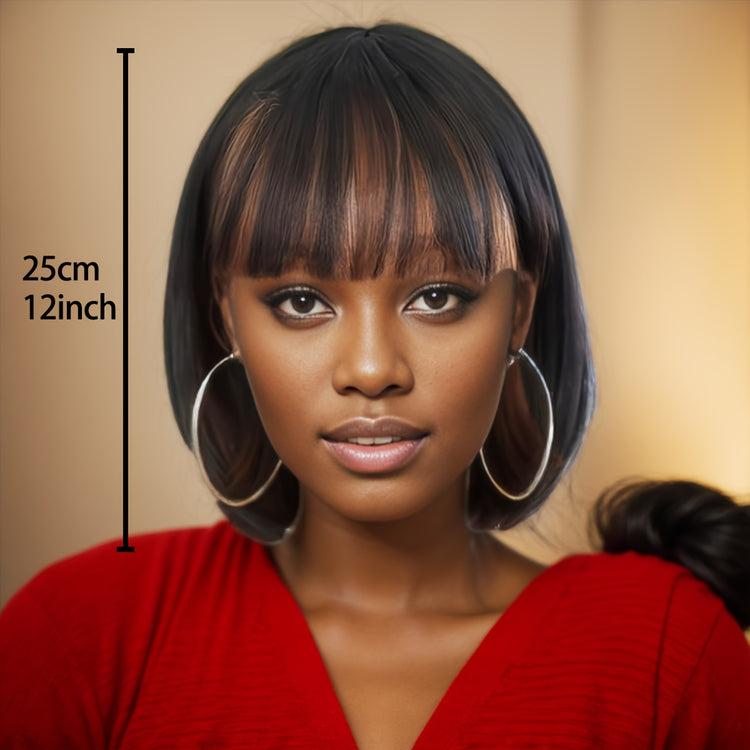 Short Bob Wigs With Bangs - 10 Inch Black Mix Brown Straight Hair Daily Costume Wig For Women, Soft Light Synthetic Hair Replacement Wigs Heat Resistant - Lena & Miles Exquisite Boutique LLC.