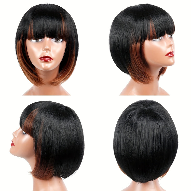 Short Bob Wigs With Bangs - 10 Inch Black Mix Brown Straight Hair Daily Costume Wig For Women, Soft Light Synthetic Hair Replacement Wigs Heat Resistant - Lena & Miles Exquisite Boutique LLC.