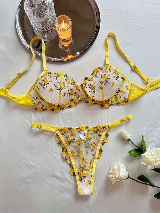 Romantic Floral Embroidery Lingerie Set - Delicate Mesh Unlined Bra & Sheer Thong - Womens Seductive, Comfortable Underwear for Intimate Glamour - Perfect Gift Choice - Lena & Miles Exquisite Boutique LLC.