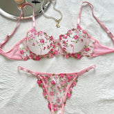 Romantic Floral Embroidery Lingerie Set - Delicate Mesh Unlined Bra & Sheer Thong - Womens Seductive, Comfortable Underwear for Intimate Glamour - Perfect Gift Choice - Lena & Miles Exquisite Boutique LLC.