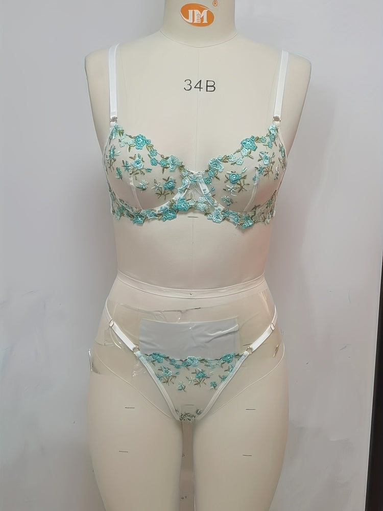 Romantic Floral Embroidery Lingerie Set - Delicate Mesh Unlined Bra & Sheer Thong - Womens Seductive, Comfortable Underwear for Intimate Glamour - Perfect Gift Choice - Lena & Miles Exquisite Boutique LLC.