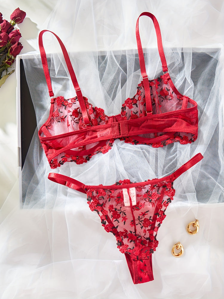 Romantic Floral Embroidery Lingerie Set - Delicate Mesh Unlined Bra & Sheer Thong - Womens Seductive, Comfortable Underwear for Intimate Glamour - Perfect Gift Choice - Lena & Miles Exquisite Boutique LLC.