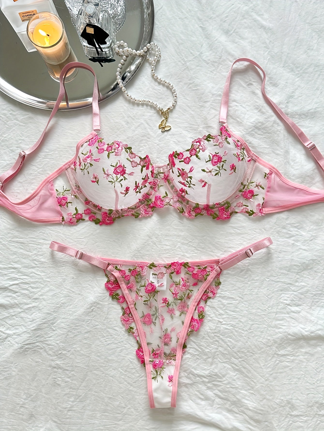 Romantic Floral Embroidery Lingerie Set - Delicate Mesh Unlined Bra & Sheer Thong - Womens Seductive, Comfortable Underwear for Intimate Glamour - Perfect Gift Choice - Lena & Miles Exquisite Boutique LLC.