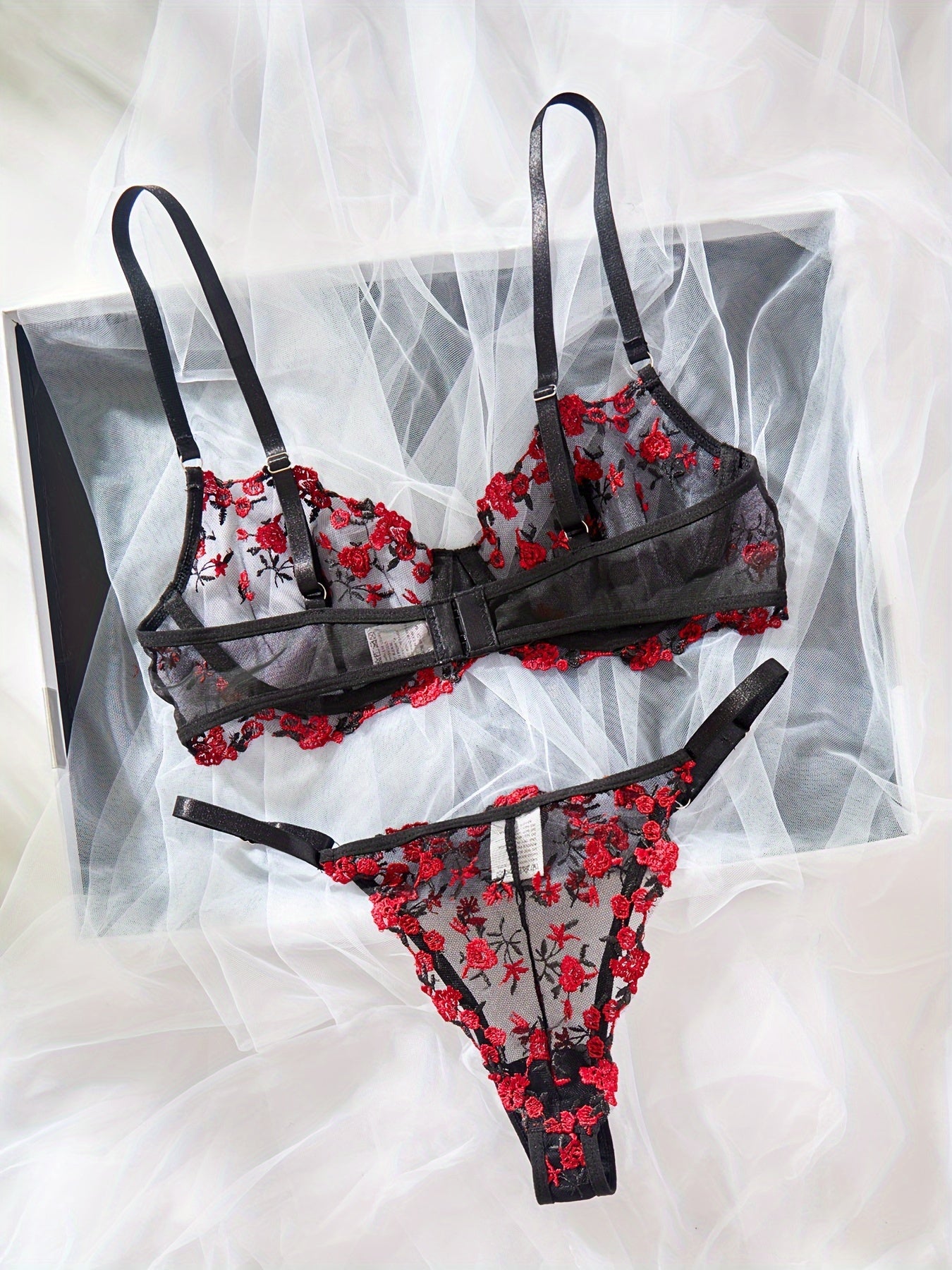 Romantic Floral Embroidery Lingerie Set - Delicate Mesh Unlined Bra & Sheer Thong - Womens Seductive, Comfortable Underwear for Intimate Glamour - Perfect Gift Choice - Lena & Miles Exquisite Boutique LLC.
