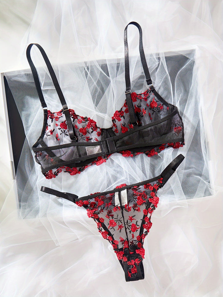 Romantic Floral Embroidery Lingerie Set - Delicate Mesh Unlined Bra & Sheer Thong - Womens Seductive, Comfortable Underwear for Intimate Glamour - Perfect Gift Choice - Lena & Miles Exquisite Boutique LLC.