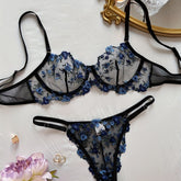 Romantic Floral Embroidery Lingerie Set - Delicate Mesh Unlined Bra & Sheer Thong - Womens Seductive, Comfortable Underwear for Intimate Glamour - Perfect Gift Choice - Lena & Miles Exquisite Boutique LLC.
