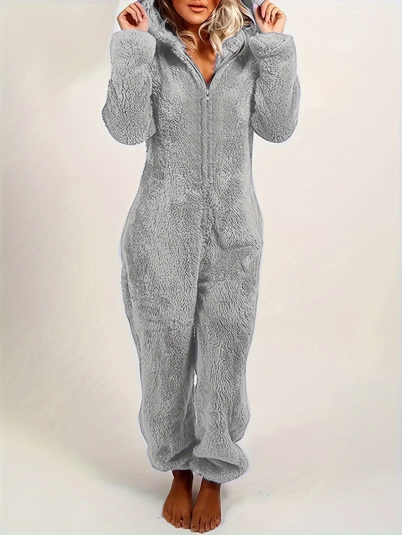 Fuzzy Hooded Pajama Jumpsuit For Music Festival, Comfy & Cute Long Sleeve Zipper Pajamas, Women&
